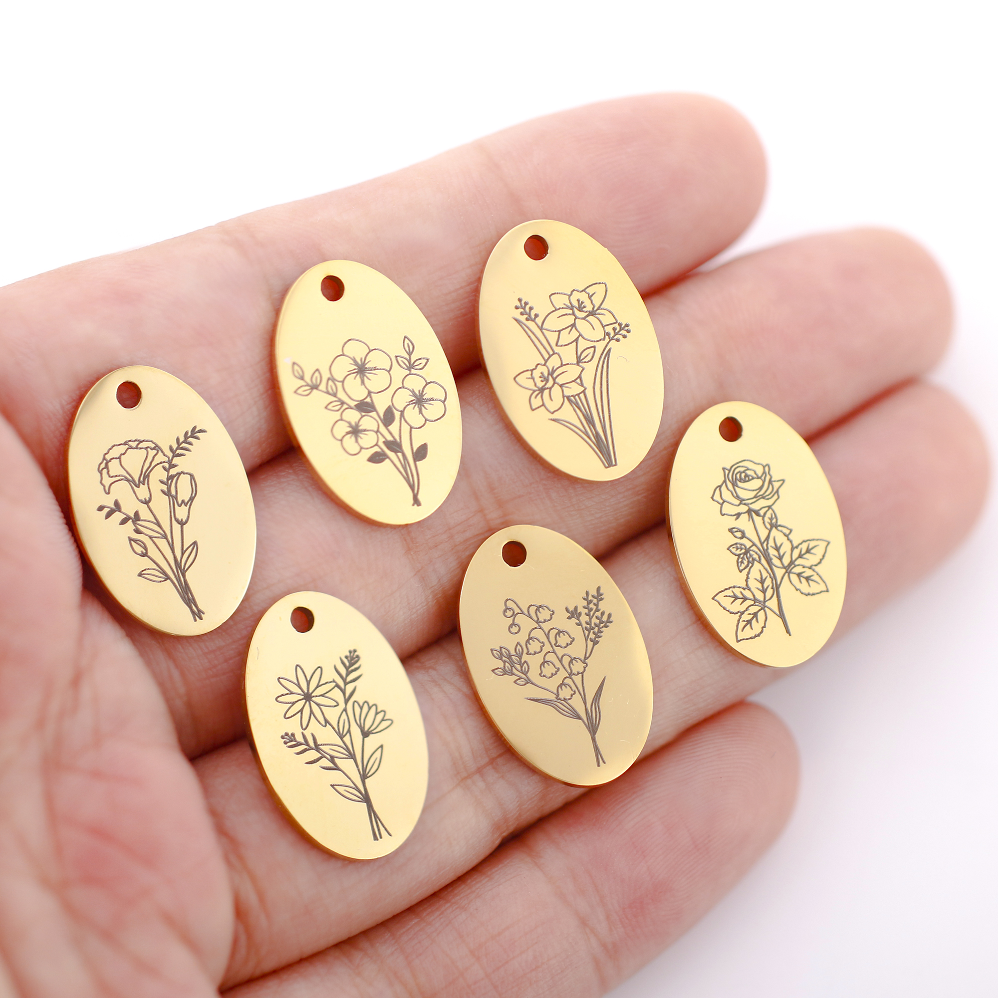Birth Flower Necklace - 5Pcs Oval Birth Month Flower Pendants