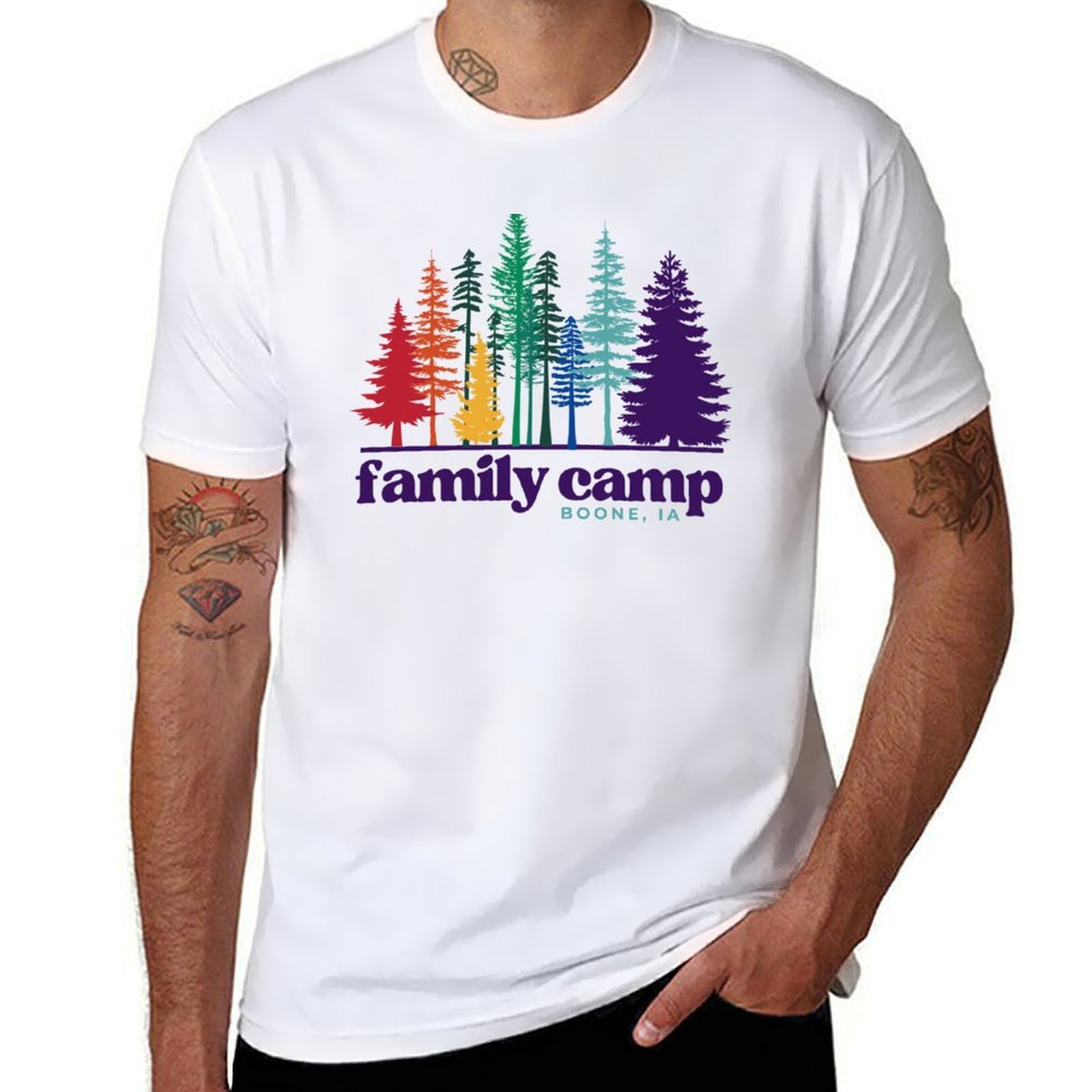 Family Tree Print - Family Camp Rainbow Trees T-Shirt man