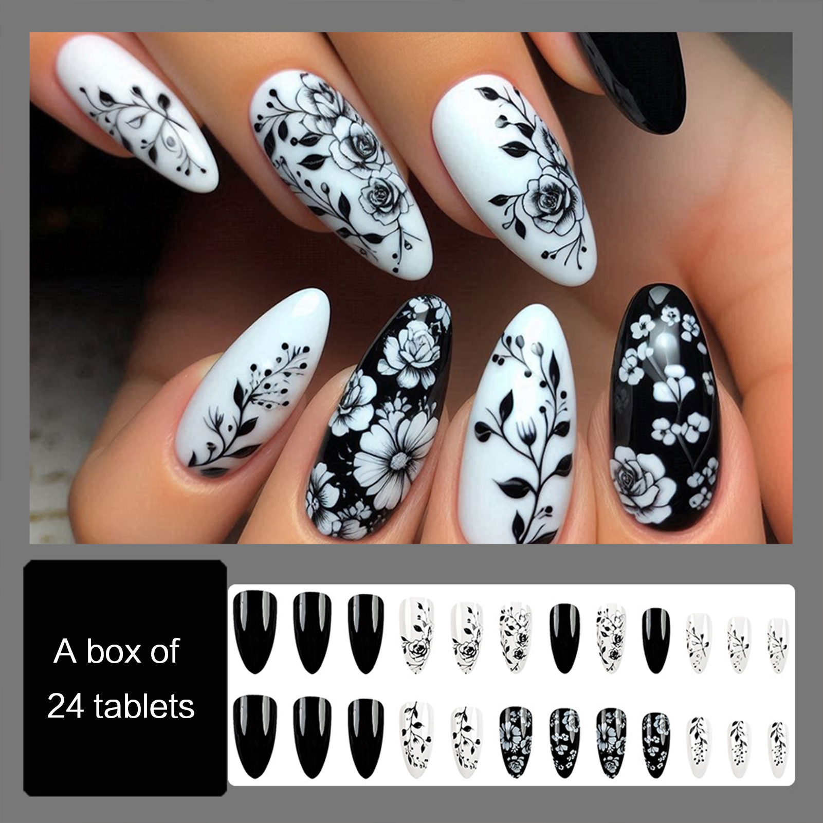 24Pcs Almond Fake Nails Black/ – Pressed Flower Art recenzja i cena