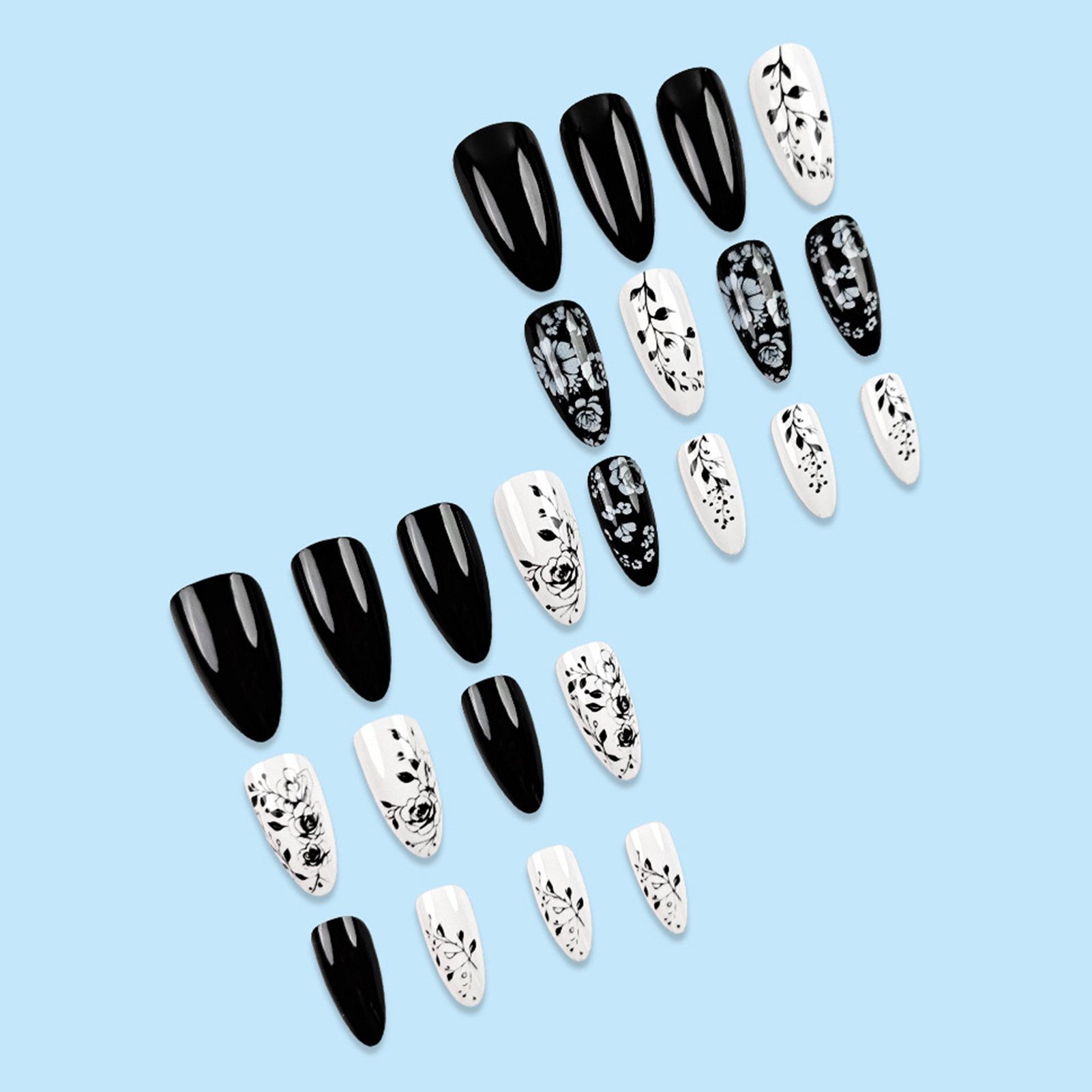24Pcs Almond Fake Nails Black/ – Pressed Flower Art recenzja i cena