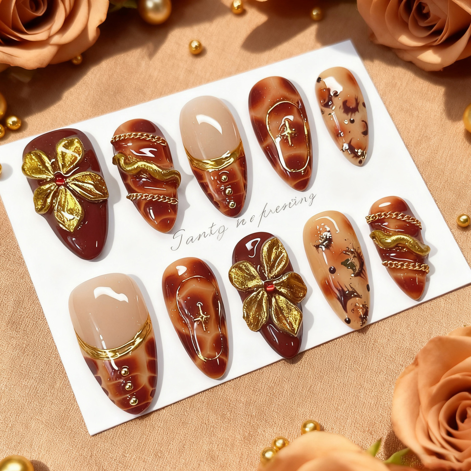 24pcs Flower False Nails Brown – Pressed Flower Art recenzja i cena