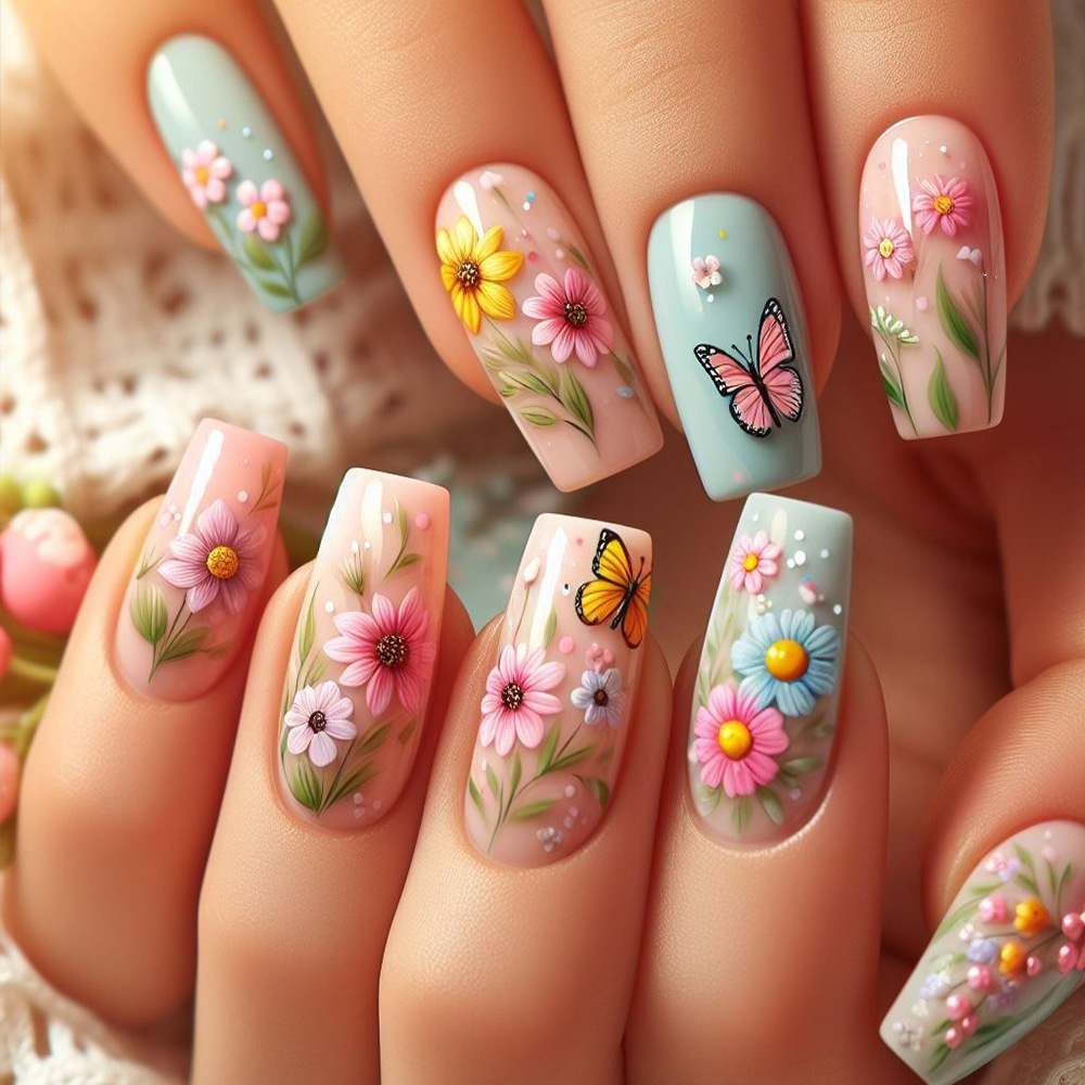 Medium long fake nails gradien – Pressed Flower Art recenzja i cena