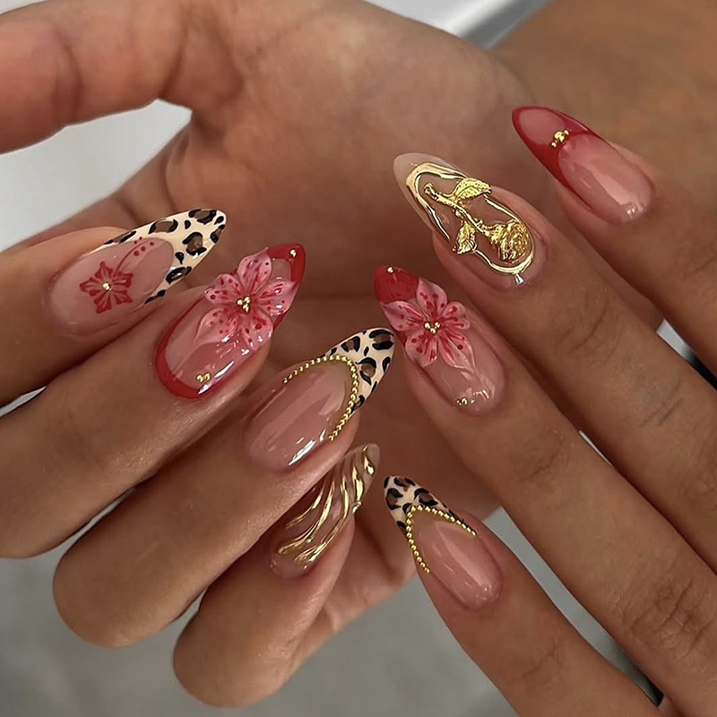 24pcs Red French Press on Nail – Pressed Flower Art recenzja i cena